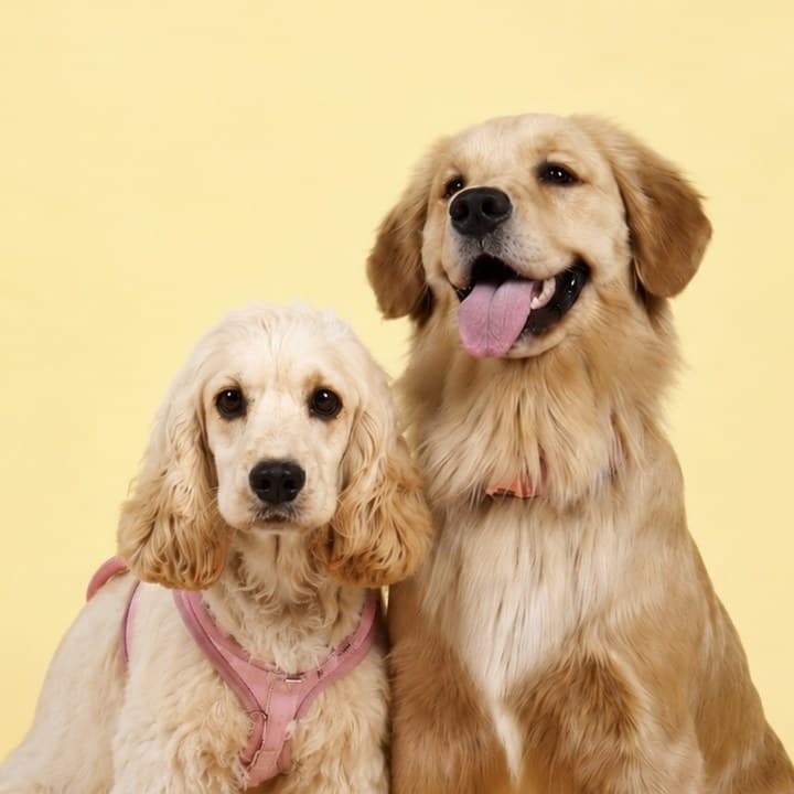 Luna the golden retriever and Stella the cocker spaniel posing on set during a rydenpups content shoot in Dubai